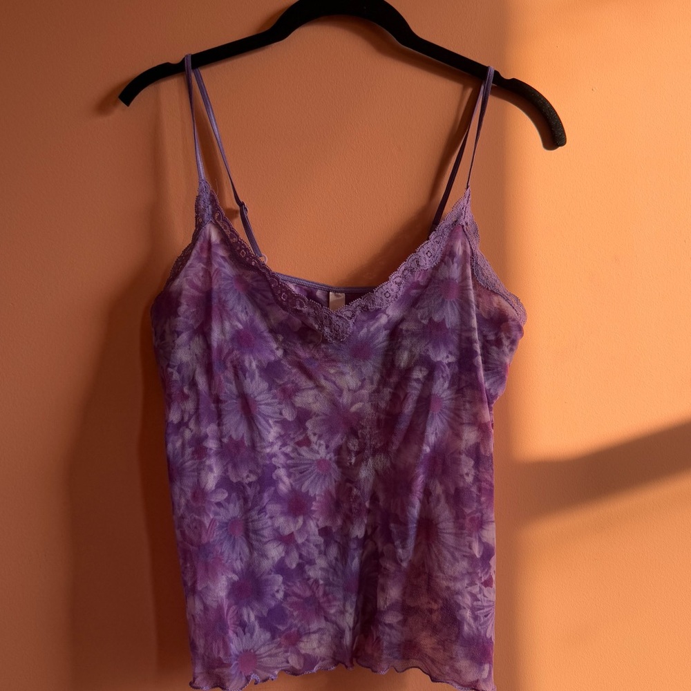 Vintage Victorias Secret Sheer Purple Daisies Tank Top Camisole Size L EUC